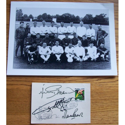 Hurst, Peters, Charlton & Greaves Signed England 1982 World Cup Card & Photograph