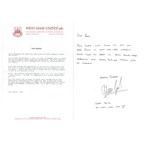 West Ham Utd -1994 Billy Bonds Sacking Original Letter & Appointment of Harry Redknapp