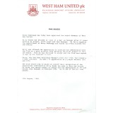 West Ham Utd -1994 Billy Bonds Sacking Original Letter & Appointment of Harry Redknapp