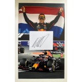 Max Verstappen Signed White Card & Two 10x8 Inch F1 Red Bull Racing Photographs